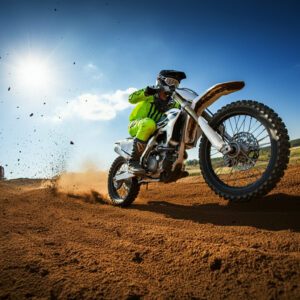 Imagem gerada por inteligência artificial ilustrando um piloto de motocross treinando na pista de motocross com sua moto.