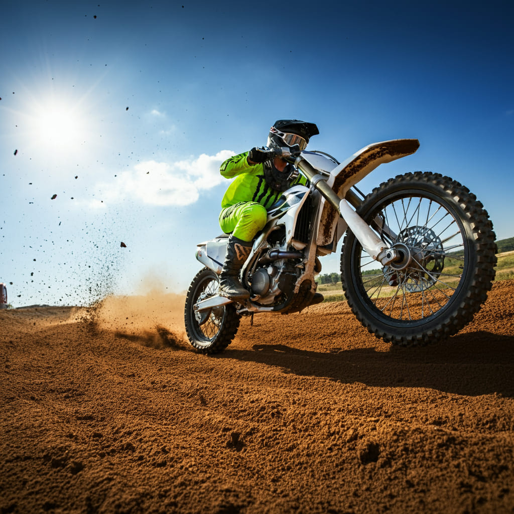 Imagem gerada por inteligência artificial ilustrando um piloto de motocross treinando na pista de motocross com sua moto.