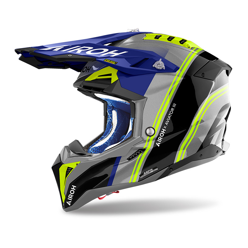 foto do capacete de motocross airoh aviator 3 hima giallo preto cinza azul fluorescente