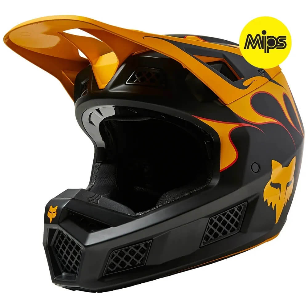 foto do capacete de motocross fox v3 rs mips preto e amarelo