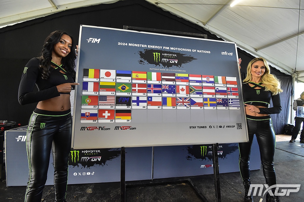 Quadro mostrando o resultado do sorteio da ordem de escolha dos gates de largada para as classificatórias do Motocross das Nações 2024 no circuito de Matterley Basin, na Inglaterra. Brasil foi sorteado na 14a posição.