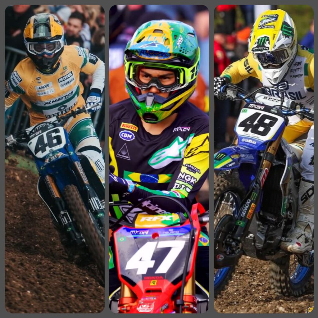 montagem com fotografia de cada um dos três pilotos que formaram o time Brasil do motocross das nações 2024. Da esquerda para a direita: Enzo Lopes #46, Bernardo Tibúrcio #47 e Fábio Santos #48.
