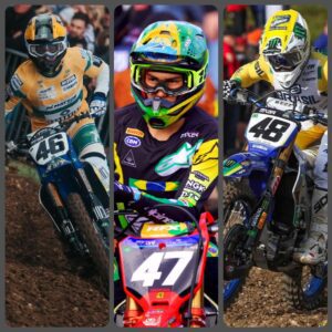 montagem com fotografia de cada um dos três pilotos que formaram o time Brasil do motocross das nações 2024. Da esquerda para a direita: Enzo Lopes #46, Bernardo Tibúrcio #47 e Fábio Santos #48.