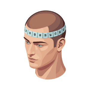 Ilustração de uma pessoa medindo a circunferência da cabeça com uma fita métrica, demonstrando o método correto para determinar o tamanho ideal do capacete de motocross.