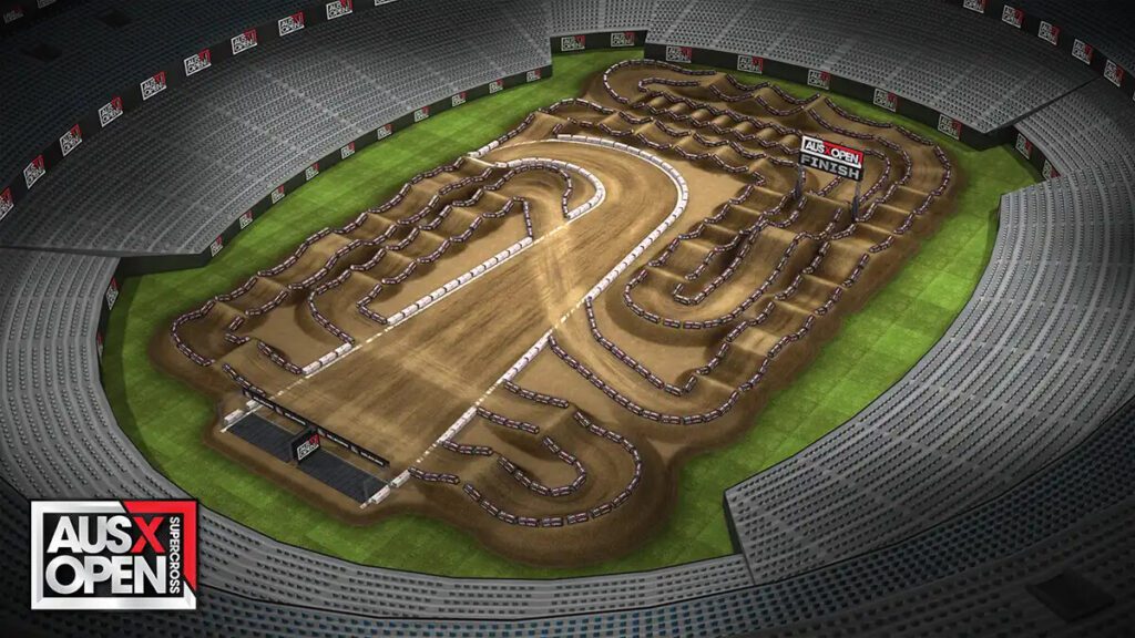 imagem do desenho track map da pista da corrida do AUSX Open 2024 campeonato australiano de supercross, no marvel stadium na cidade de Melbourne, Austrália. enfatizando a reta de largada e os saltos da pista.