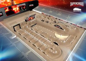 imagem com desenho da pista da corrida do supercross de paris 2024, mostrando o tamanho e os saltos da pista.