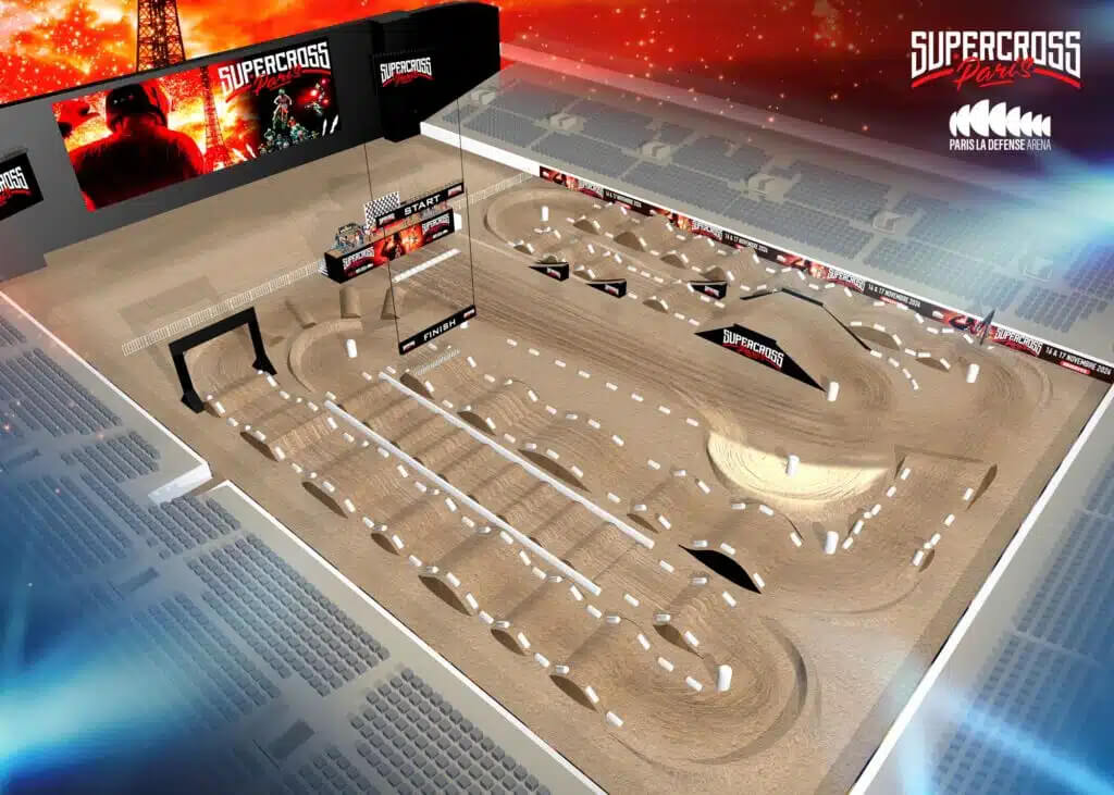 imagem com desenho da pista da corrida do supercross de paris 2024, mostrando o tamanho e os saltos da pista.