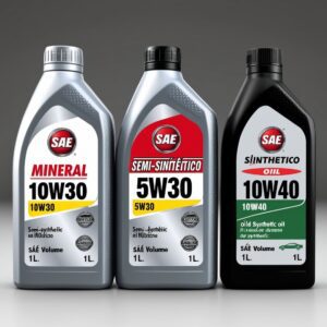 imagem gerada com inteligência artificial de três embalagens de óleo de motor para motocicletas. da esquerda para a direita: óleo de motor mineral SAE 10W30 1 litro, óleo de motor semi sintético SAE 5W30 1 litro, óleo de motor sintético SAE 10W40 1 litro.