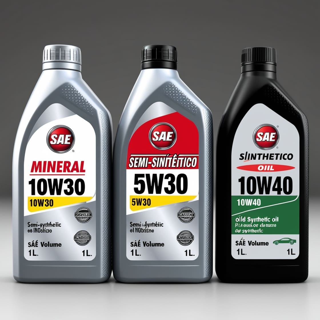 imagem gerada com inteligência artificial de três embalagens de óleo de motor para motocicletas. da esquerda para a direita: óleo de motor mineral SAE 10W30 1 litro, óleo de motor semi sintético SAE 5W30 1 litro, óleo de motor sintético SAE 10W40 1 litro.