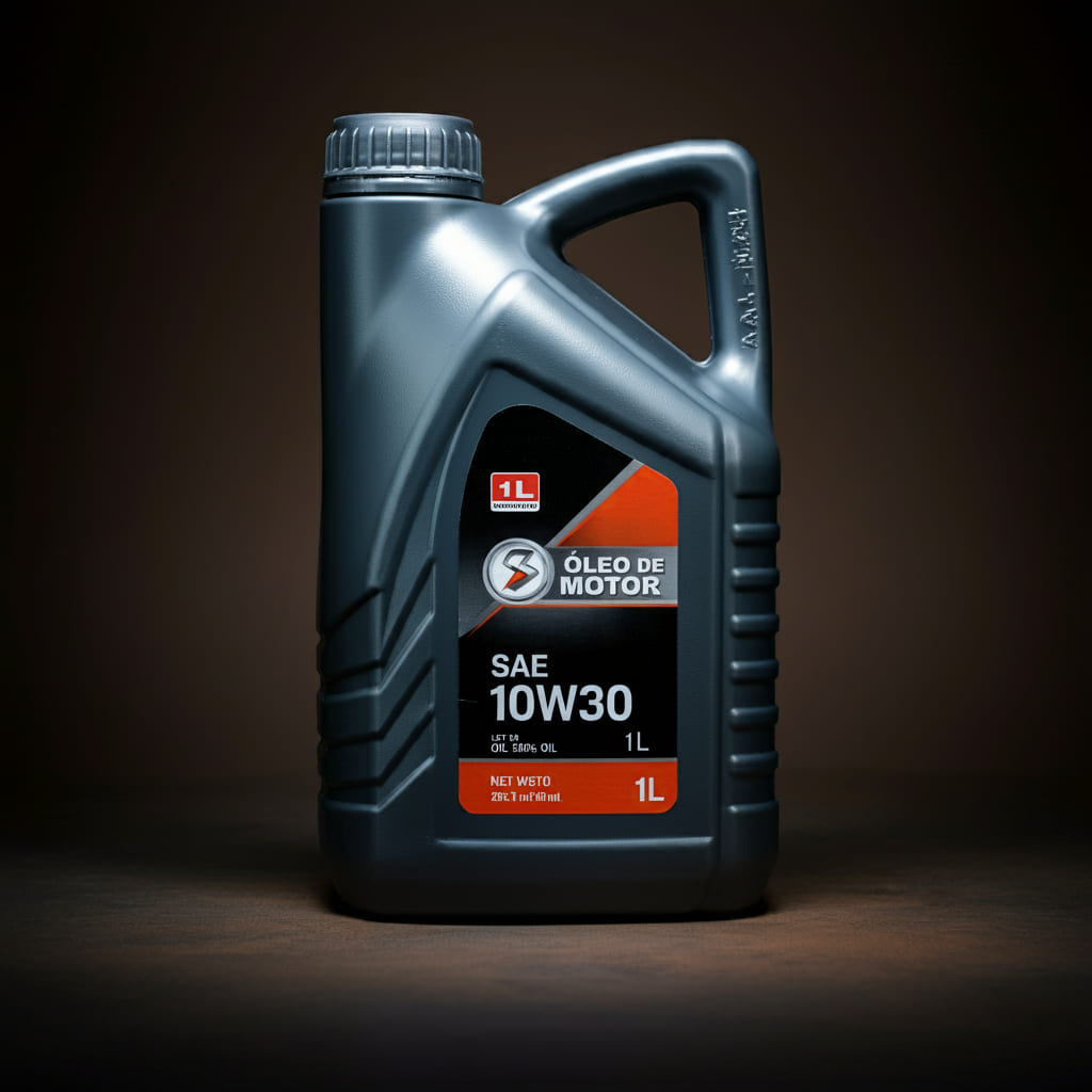 imagem gerada com inteligência artificial de uma embalagem de óleo de motor para motocicletas SAE 10W30 1 litro.