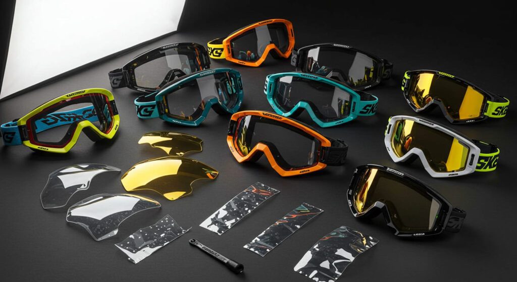 imagem gerada com inteligência artificial google gemini para mostrando diferentes óculos de motocross, com objetivo de ilustrar as cores diferentes da lente do óculos para motocross.