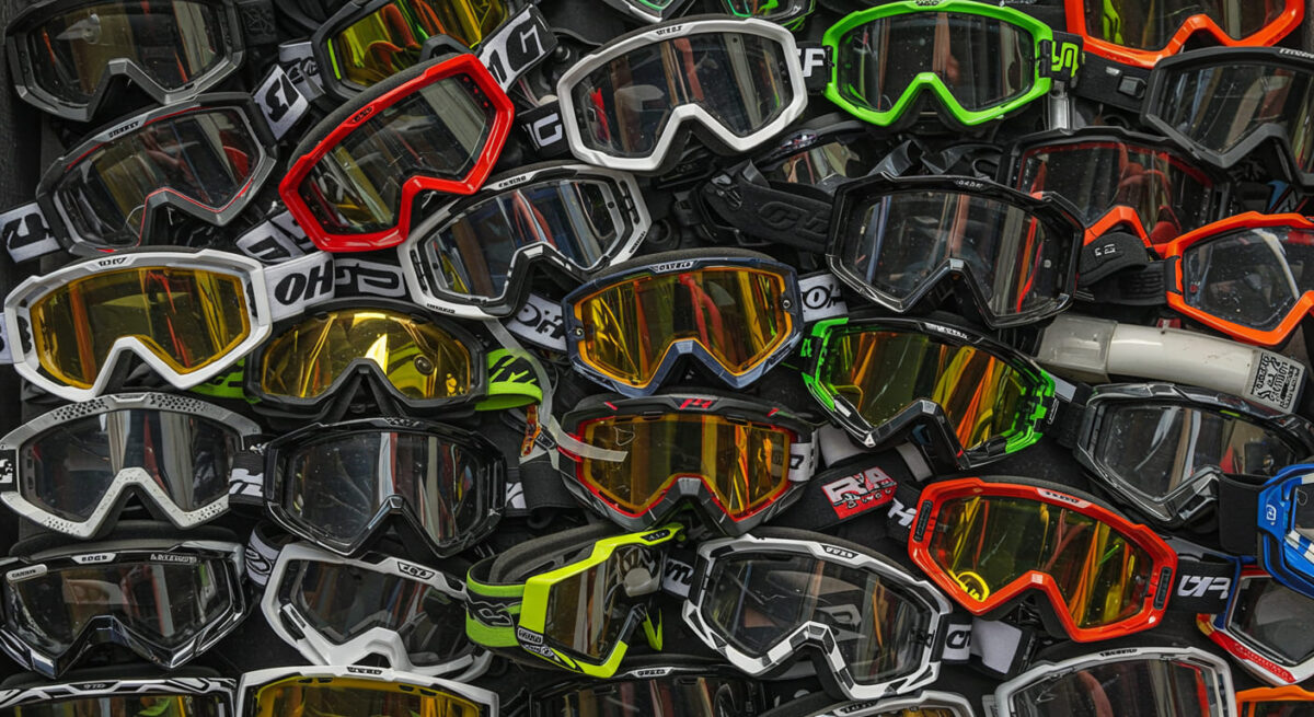 imagem gerada com inteligência artificial mostrando vários modelos de óculos de motocross de diferentes modelos e diferentes cores de lentes, para ilustrar todos os detalhes possíveis que importam na hora de escolher óculos para motocross, trilha de moto ou enduro.