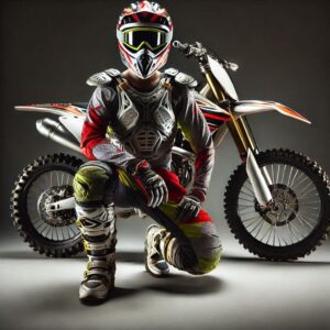 imagem gerada por inteligência artificial de um piloto de motocross vestido com os equipamentos de motocross mais importantes roupa de motocross, calça de motocross, bota de motocross, camisa de motocross, colete de motocross, luva de motocross, capacete de motocross, óculos de motocross.