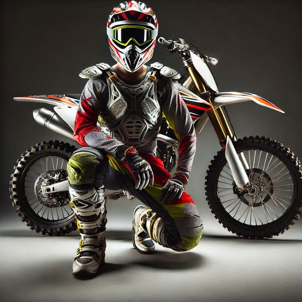imagem gerada por inteligência artificial de um piloto de motocross vestido com os equipamentos de motocross mais importantes roupa de motocross, calça de motocross, bota de motocross, camisa de motocross, colete de motocross, luva de motocross, capacete de motocross, óculos de motocross.