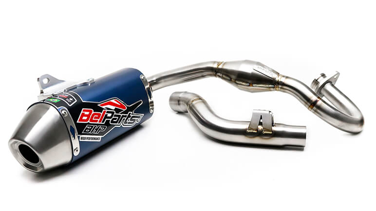 escapamento belparts CRF 230 cor azul, cano e ponteira belparts BHP CRF 230