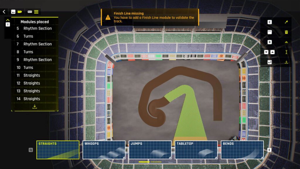 imagem do editor de pista do jogo Monster Energy Supercross 25, através do track editor é possível criar e construir pistas de motocross dentro do jogo.