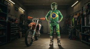 imagem gerada por IA de um piloto de motocross com equipamento calça e camisa com as cores e bandeira do brasil.