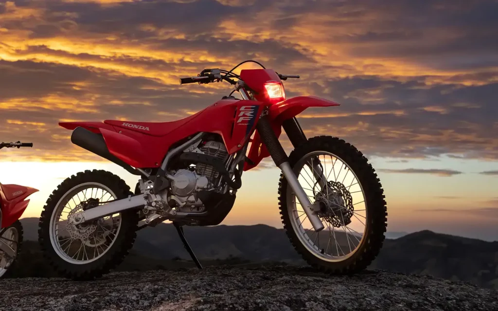 fotografia mostrando o sistema de freio dianteiro e traseiro da moto honda crf 300f