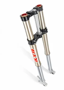 imagem mostrando a suspensão dianteira Kayaba 48 mm com cartucho fechado e ajuste de compressão e retorno da nova moto de motocross Beta RX 350 2026.