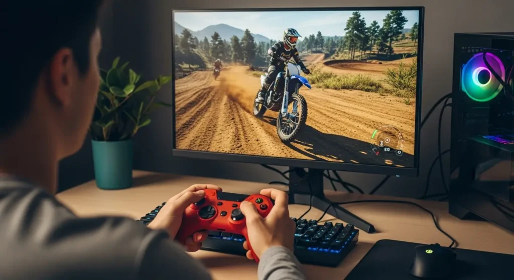 imagem criada por IA para ilustrar um homem adulto dentro do quarto de sua casa sentado na cadeira, jogando um jogo de motocross no computador pc gamer usando um controle de videogame