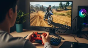 imagem criada por IA para ilustrar um homem adulto dentro do quarto de sua casa sentado na cadeira, jogando um jogo de motocross no computador pc gamer usando um controle de videogame